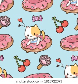 Seamless Pattern Cat And Donut Ring Cartoon. Cute Animal And Sweet Dessert. Wallpaper Background, Repeating Pattern. Vector Cartoon Character.