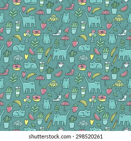 Seamless pattern with cat, donuts, bananas, strawberry, watermelon, coffee, tea, leaves, heart, shoes, clouds, rain drops, pencil, paint brush...