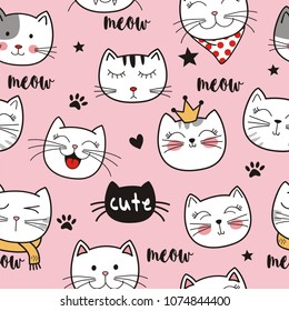 Seamless pattern cat and  elements