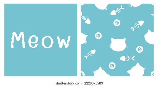 Seamless pattern with cat face cartoons, fish bones and paw print on blue mint background. Hand drawn fonts vector illustration.