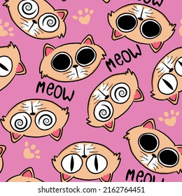 Seamless Pattern with cat face. Cute cartoon kawaii funny smiling cat character with cat pow and meow. Wrapping paper, textile template. Nursery decoration. Pink background. Flat design Vector