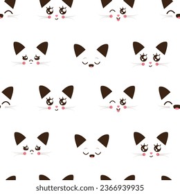 Seamless pattern with cat face in kawaii style on white background.Children's vector design