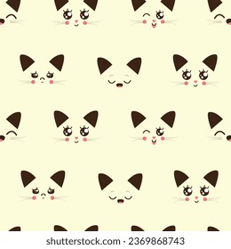 Seamless pattern with cat face in kawaii style with different emotions. Baby vector design	