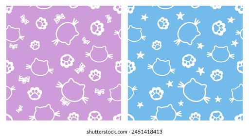 Seamless pattern with cat face, paw prints, hand drawn stars and cat collar on purple and blue backgrounds vector. Cute animal prints.