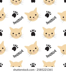 Seamless pattern with cat face, paw print and meow lettering. For fabric design, cover, veterinary.Vector.