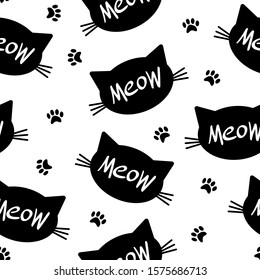 Seamless pattern with cat face silhouette, meow lettering inside and paw prints. Simple black objects on white background. Vector illustration.