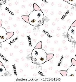  Seamless pattern with cat face  and trace cat feet.  Hand-drawn vector illustration on white. Animal art background. 