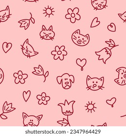 Seamless pattern with cat faces in doodle style. Funny dog, flowers, hearts on a pink background. Vector.