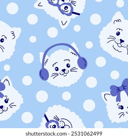 Seamless pattern with  cat faces and dots  on blue background.