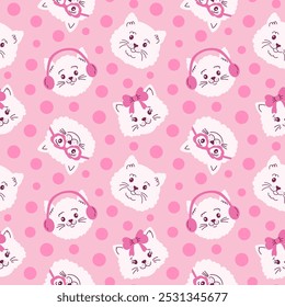 Seamless pattern with  cat faces and dots  on pink background.