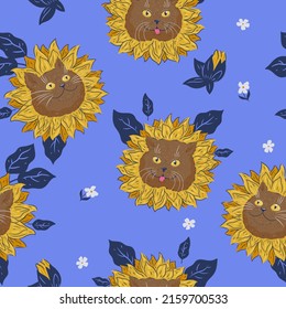 Seamless pattern with cat faces and flowers. Vector graphics.