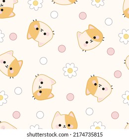 Seamless pattern of cat faces, flowers and dots on a beige background.