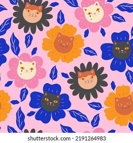Seamless pattern with cat faces and flowers. Vector graphics.