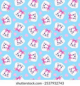 Seamless pattern with  cat faces  and hearts  on blue background.