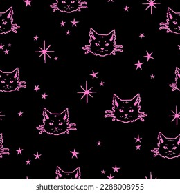 Seamless pattern of cat faces and stars