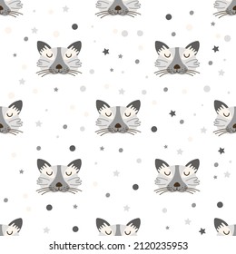 Seamless Pattern with cat faces. Vector illustration. 