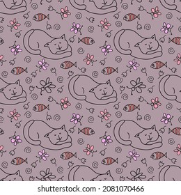 Seamless pattern with cat, fish and butterfly on dusty rose background. Doodle style illustration.