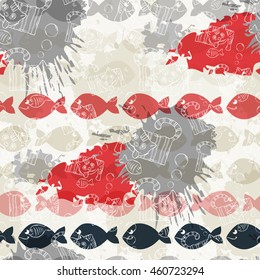 Seamless pattern with cat and fish on the background of colorful blots inks.A series of strange animals.Crazy Cat .Such simple pleasures.