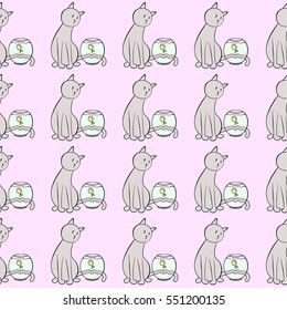 seamless pattern. cat and fish. pink background.