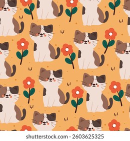 seamless pattern cat with flower cartoon. cute animal pattern for wallpaper, background and gift wrap paper