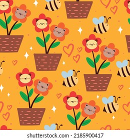 seamless pattern cat flower pot and bee in yellow background, cute animal wallpaper for textile, gift wrap paper