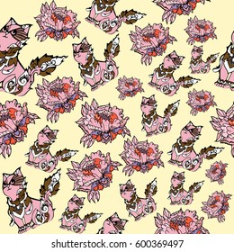 Seamless pattern. Cat. Flowers. Asian style. Thailand. Vector
