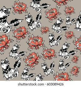Seamless pattern. Cat. Flowers. Asian style. Thailand. Vector.