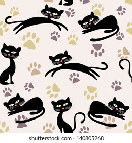 Seamless pattern with cat and footprints