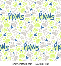 Seamless pattern with cat footprints, hearts and handwritten word "paws". Cute vector background.