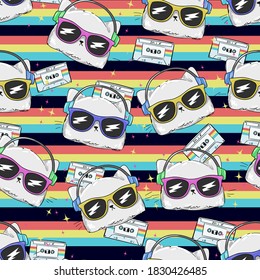 Seamless pattern cat in glasses listen to music on a bright colored background vector illustration