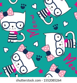 seamless pattern with cat, cat with glasses vector illustration