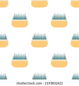 seamless pattern with cat grass in cartoon flat style, colorful pot with sprouted wheat isolated on white background, flat style