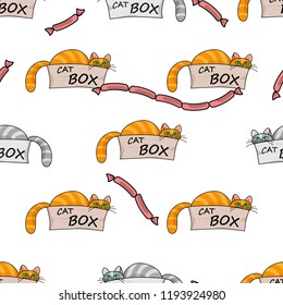 Seamless pattern.Red cat with green eyes peeking out of cardboard box.pet with a mustache,Sausages.Cute  animal on blue background.Vector illustration for children.Print for fabric,textile,wrapping.
