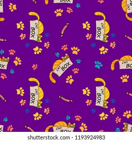 Seamless pattern.Red cat with green eyes peeking out of box. Striped pet with mustache.Cute  animal,paw on violet background.Vector illustration for children.Print for fabric,textile,wrapping.