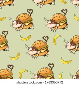 Seamless pattern cat hamburger and banana cartoon on green background, Vector illustration