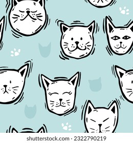seamless pattern of cat head face cute , vector illustration