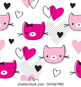 seamless pattern with cat and heart, bedding pattern for girls, wrapping paper, love pattern with cat vector illustration
