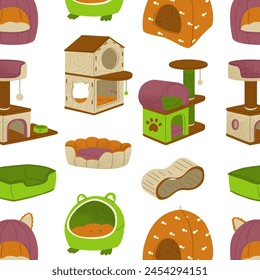 Seamless pattern with cat houses. Design for stores with pet products, veterinary clinics. Home life of a cat. Vector illustration isolated on transparent background.