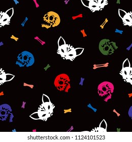 Seamless pattern. Cat and human skulls and bones on a black background. Great for printing on T-shirts, for tattoos and more. Cute ornament for Halloween.
