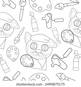 seamless pattern of a cat in the image of an artist with a palette, a beret and paints on his face and various brushes, drawn in outline, in the style of line art