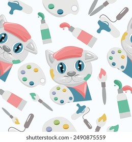 seamless pattern of a cat in the image of an artist with a palette, a beret and paints on his face and various brushes
