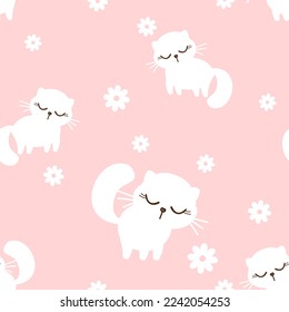 Seamless pattern with cat kitten cartoons and daisy flower on pink background vector illustration.