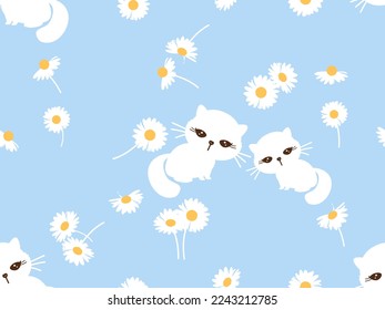Patrón sin inconvenientes con dibujos animados de gatitos y flor de margarita sobre ilustración vectorial de fondo azul.