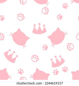 Seamless pattern with cat kitten cartoons, paw print and pink crowns on white background vector illustration. 