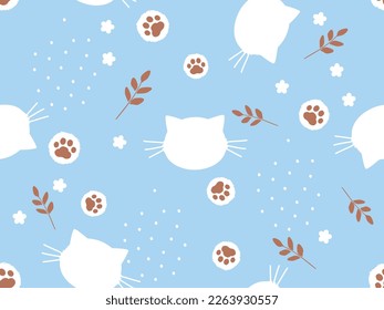 Seamless pattern with cat kitten cartoons, paw prints, dots and flower on blue background vector illustration.
