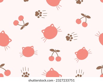 Seamless pattern with cat kitten cartoons, paw print and cherries on pink pastel background vector illustration. 