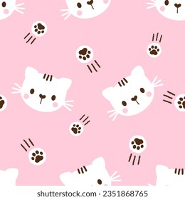 Seamless pattern with cat kitten cartoons and paw prints on pink background vector illustration. 