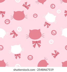 Seamless pattern with cat kitten cartoons, ribbon bow and foot print on pink background vector.