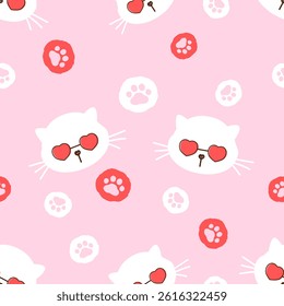 Seamless pattern with cat kitten cartoons, heart shape glasses and paw prints on pink background vector.