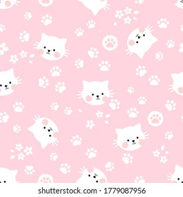 Seamless pattern of cat kitten head, paw prints and little daisies on a pink background vector illustration. Cute cartoon character for baby print.